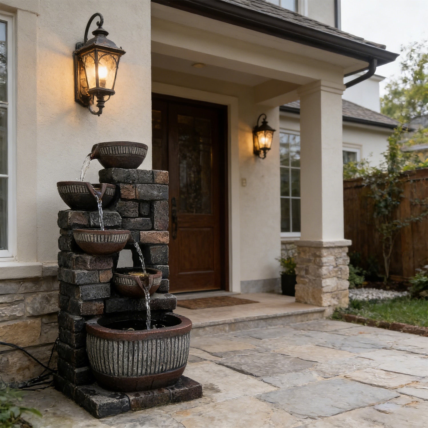 5-Tier Cascading Water Fountain, Resin Stacked Stone Column & Textured Pot Outdoor Water Feature with LED Lights & Quiet Pump, Garden Patio Decor