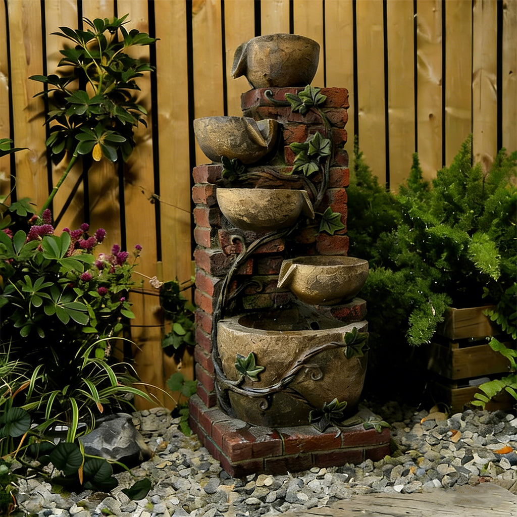 5-Tier Cascading Water Fountain, Resin Brick Wall & Ivy Pot Outdoor Water Feature with LED Lights & Quiet Pump, Garden Patio Backyard Decor, 39.37in H