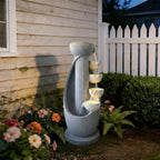 5-Tier Modern Curved Column Cascading Water Fountain, Resin Contemporary Outdoor Water Feature with LED Lights & Quiet Pump, Garden Patio Decor