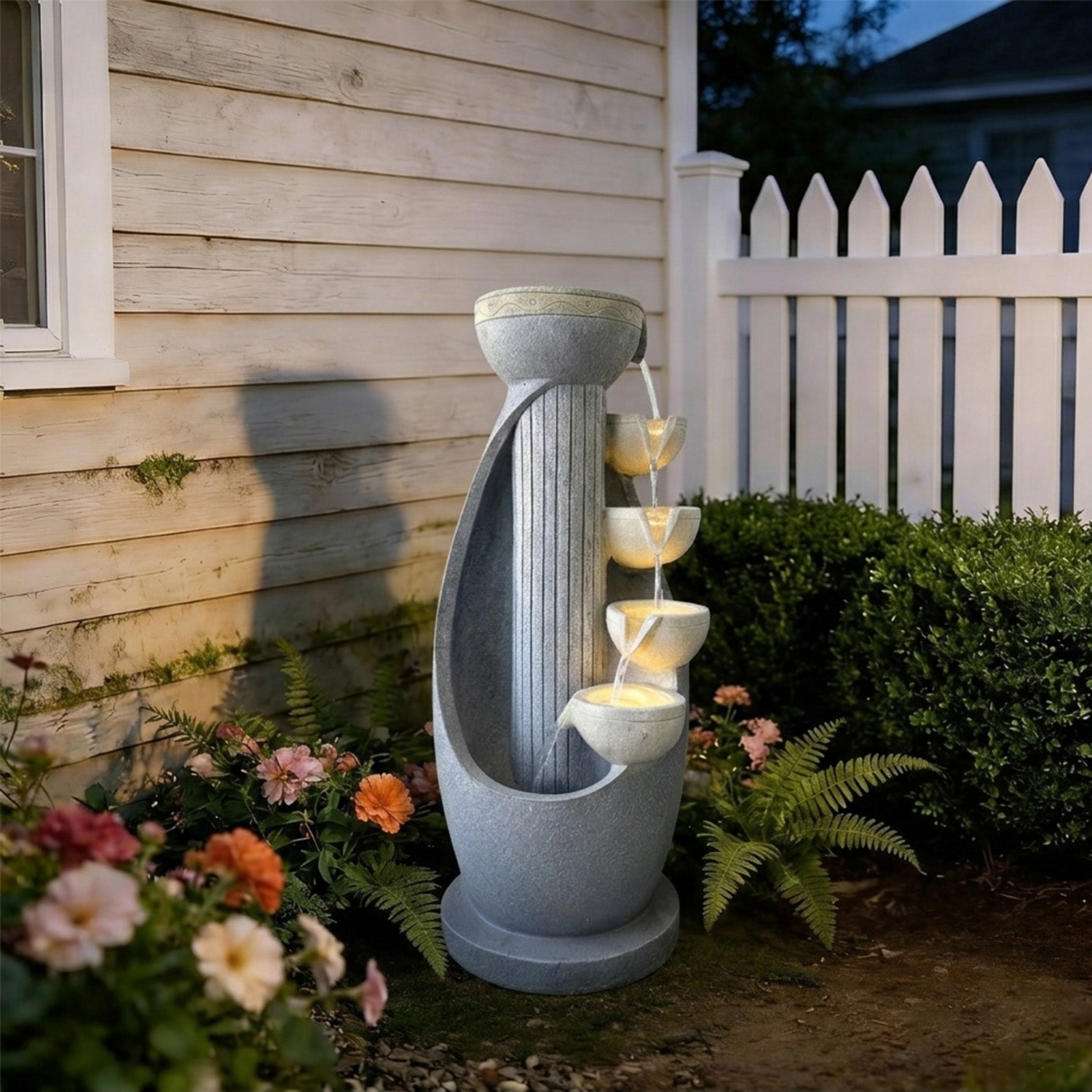 5-Tier Modern Curved Column Cascading Water Fountain, Resin Contemporary Outdoor Water Feature with LED Lights & Quiet Pump, Garden Patio Decor