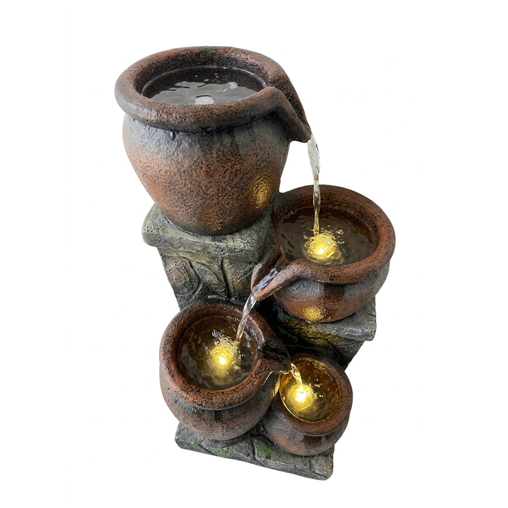 4-Tier Rustic & Stacked Stone Cascading Water Fountain, Resin Outdoor Water Feature with LED Lights & Quiet Pump, Garden Patio Backyard Decor