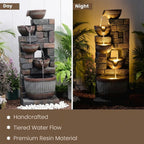 5-Tier Cascading Water Fountain, Resin Stacked Stone Column & Textured Pot Outdoor Water Feature with LED Lights & Quiet Pump, Garden Patio Decor