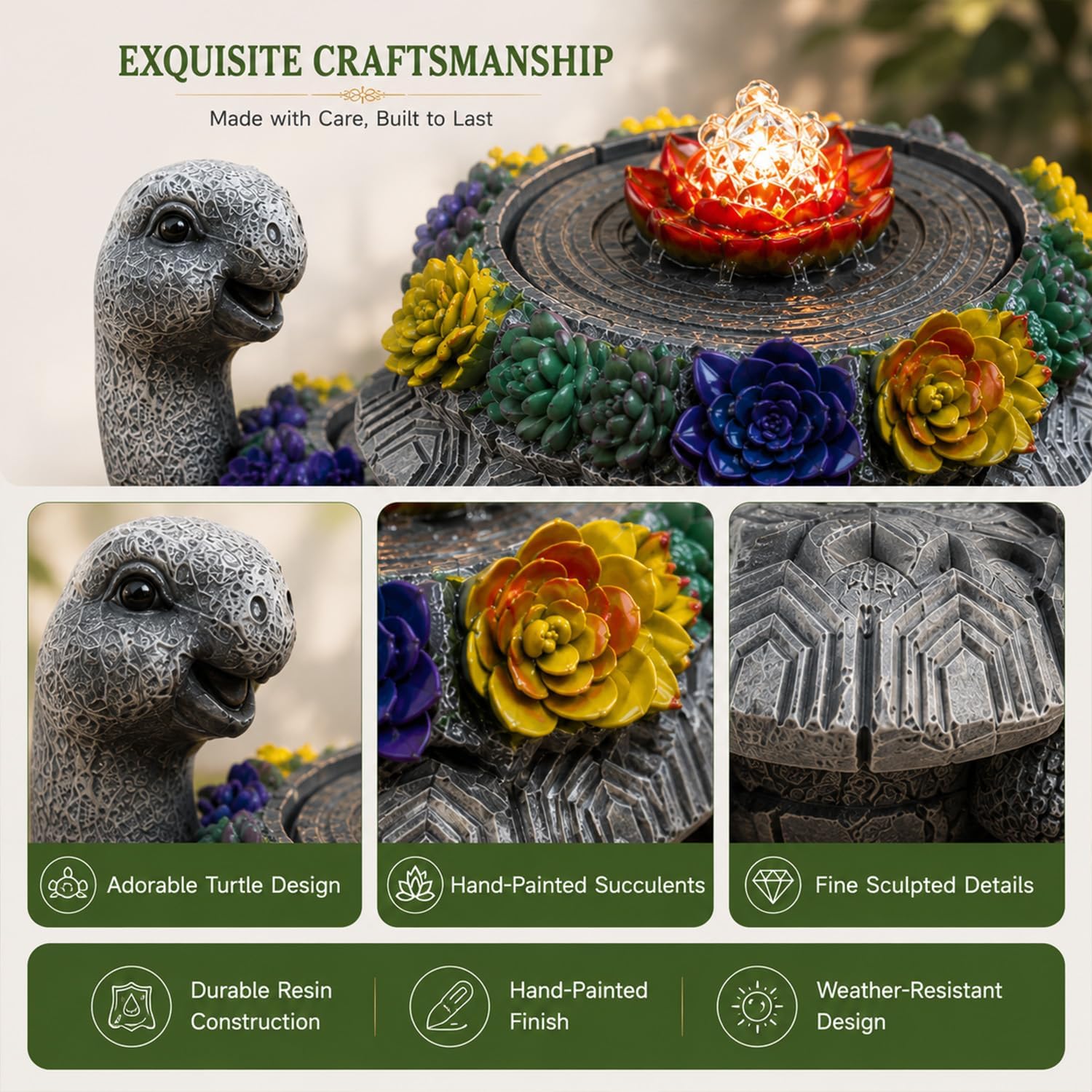 Turtle Tabletop Waterfall Fountain with LED Lights – 11″ Desktop Home Office Decor, Quiet Indoor Water Feature Humidifier, Feng Shui Lucky Turtle Gift