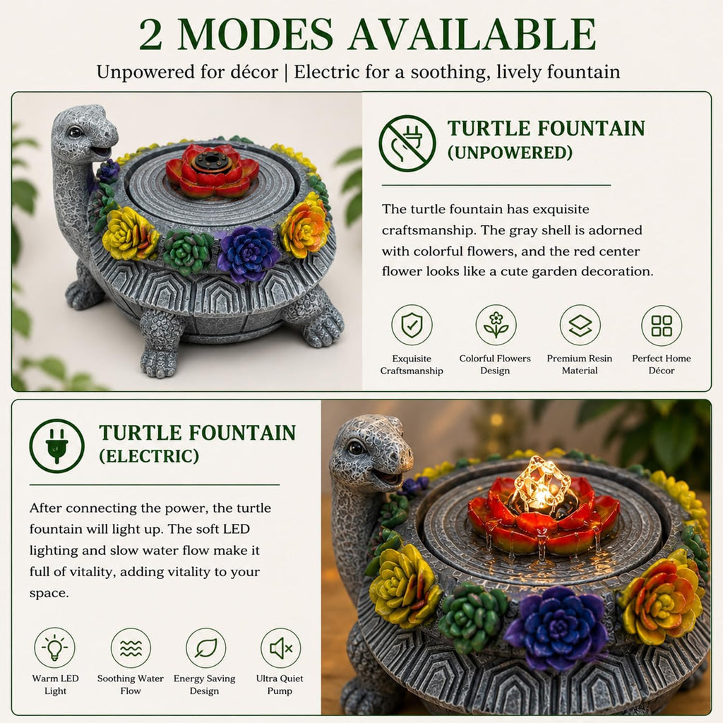 Turtle Tabletop Waterfall Fountain with LED Lights – 11″ Desktop Home Office Decor, Quiet Indoor Water Feature Humidifier, Feng Shui Lucky Turtle Gift