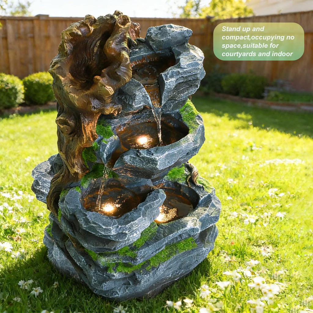 Outdoor Decorative Garden Fountain with LED Lights,22.8 Inch Featuring 4-Tier Water Scenery Decoration