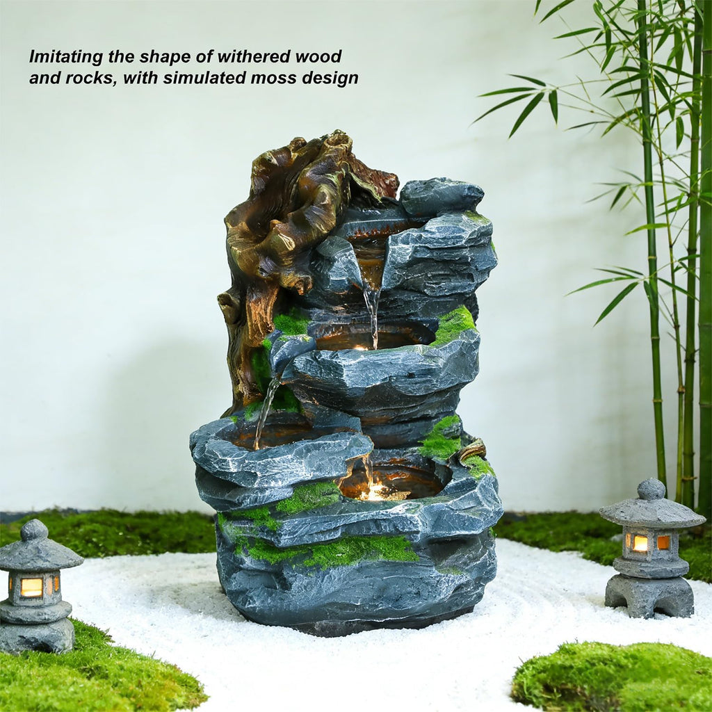 Outdoor Decorative Garden Fountain with LED Lights,22.8 Inch Featuring 4-Tier Water Scenery Decoration