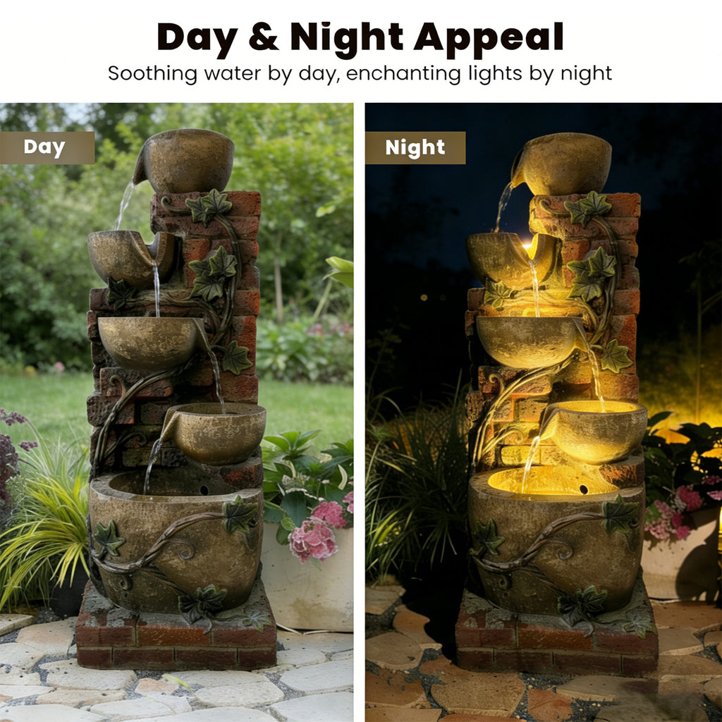 5-Tier Cascading Water Fountain, Resin Brick Wall & Ivy Pot Outdoor Water Feature with LED Lights & Quiet Pump, Garden Patio Backyard Decor, 39.37in H