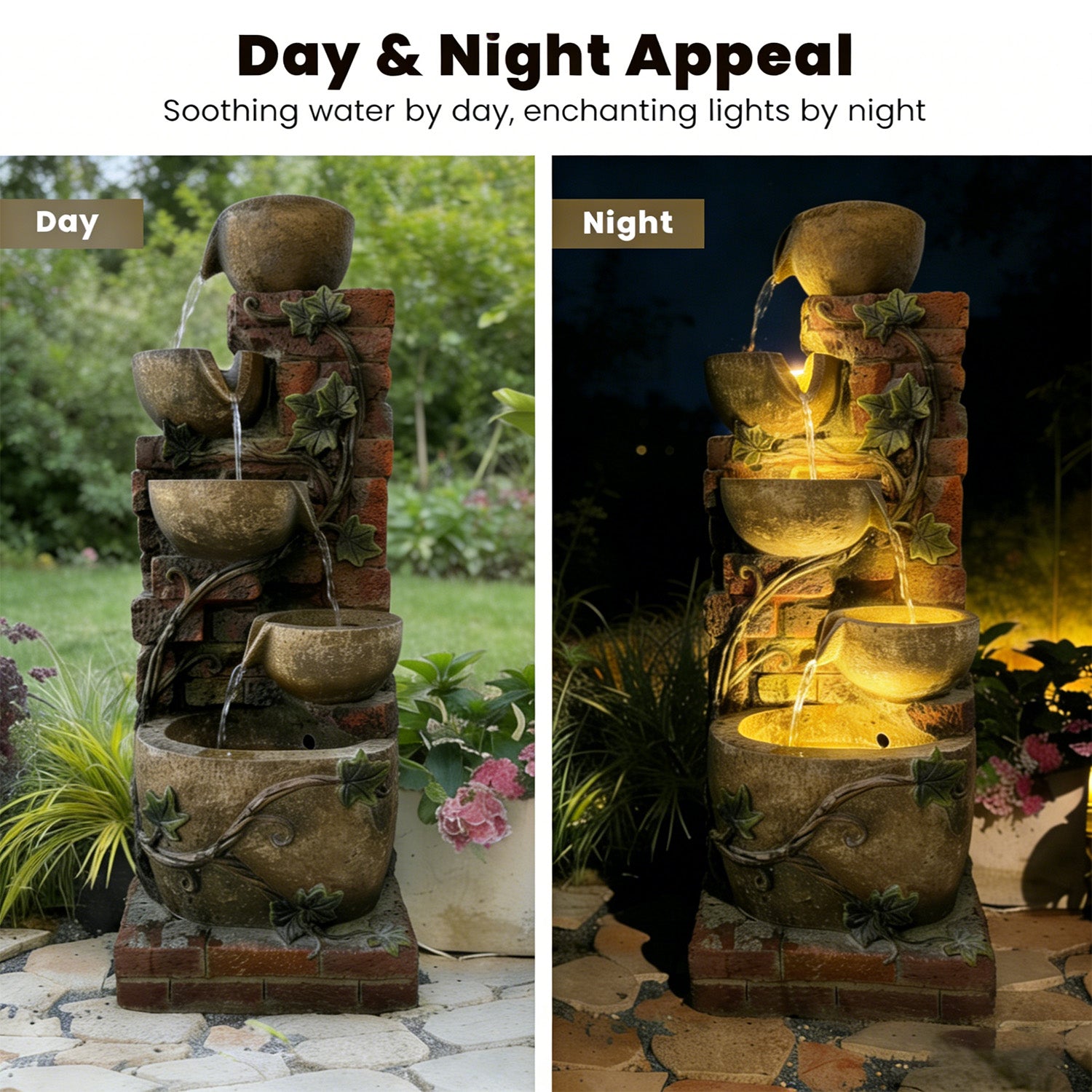 5-Tier Cascading Water Fountain, Resin Brick Wall & Ivy Pot Outdoor Water Feature with LED Lights & Quiet Pump, Garden Patio Backyard Decor, 39.37in H