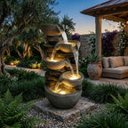 5-Tier Cascading Rock Bowl & Stacked Slate Water Fountain, Resin Outdoor Water Feature with LED Lights & Quiet Pump, Garden Patio Backyard Decor