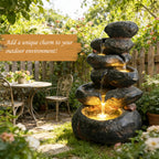 6-Tier Rounded Stacked Boulder Cascading Water Fountain, Resin Outdoor Rock Water Feature with LED Lights & Quiet Pump, Garden Patio Backyard Decor