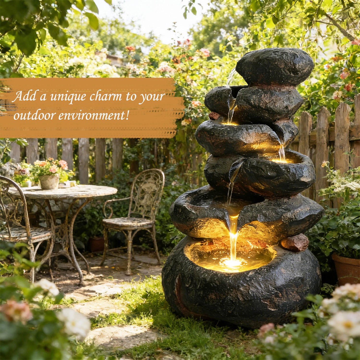 6-Tier Rounded Stacked Boulder Cascading Water Fountain, Resin Outdoor Rock Water Feature with LED Lights & Quiet Pump, Garden Patio Backyard Decor
