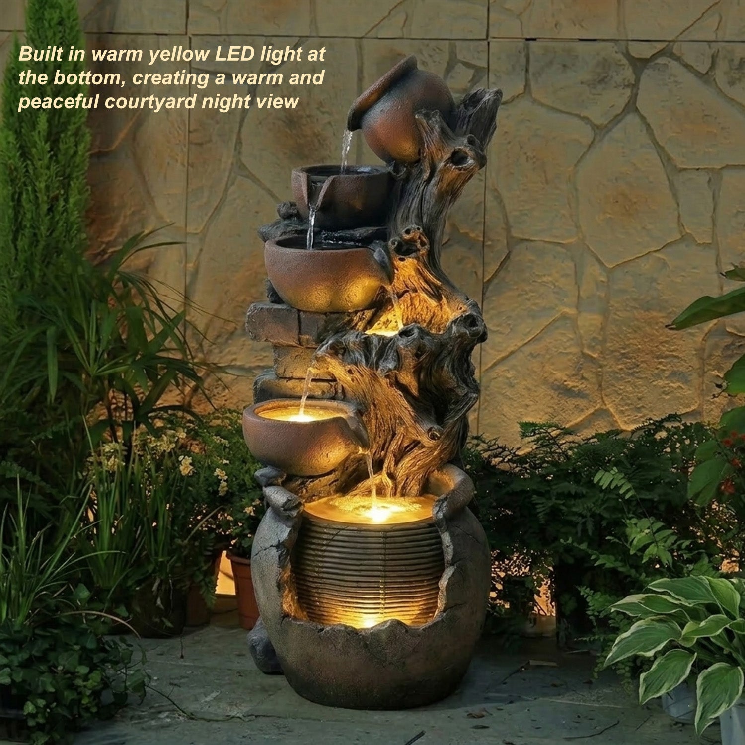 6-Tier Cascading Water Fountain, Resin Tree Root & Pot Outdoor Fountain with LED Lights & Quiet Pump, Freestanding Water Feature for Garden, Patio, Backyard Decor