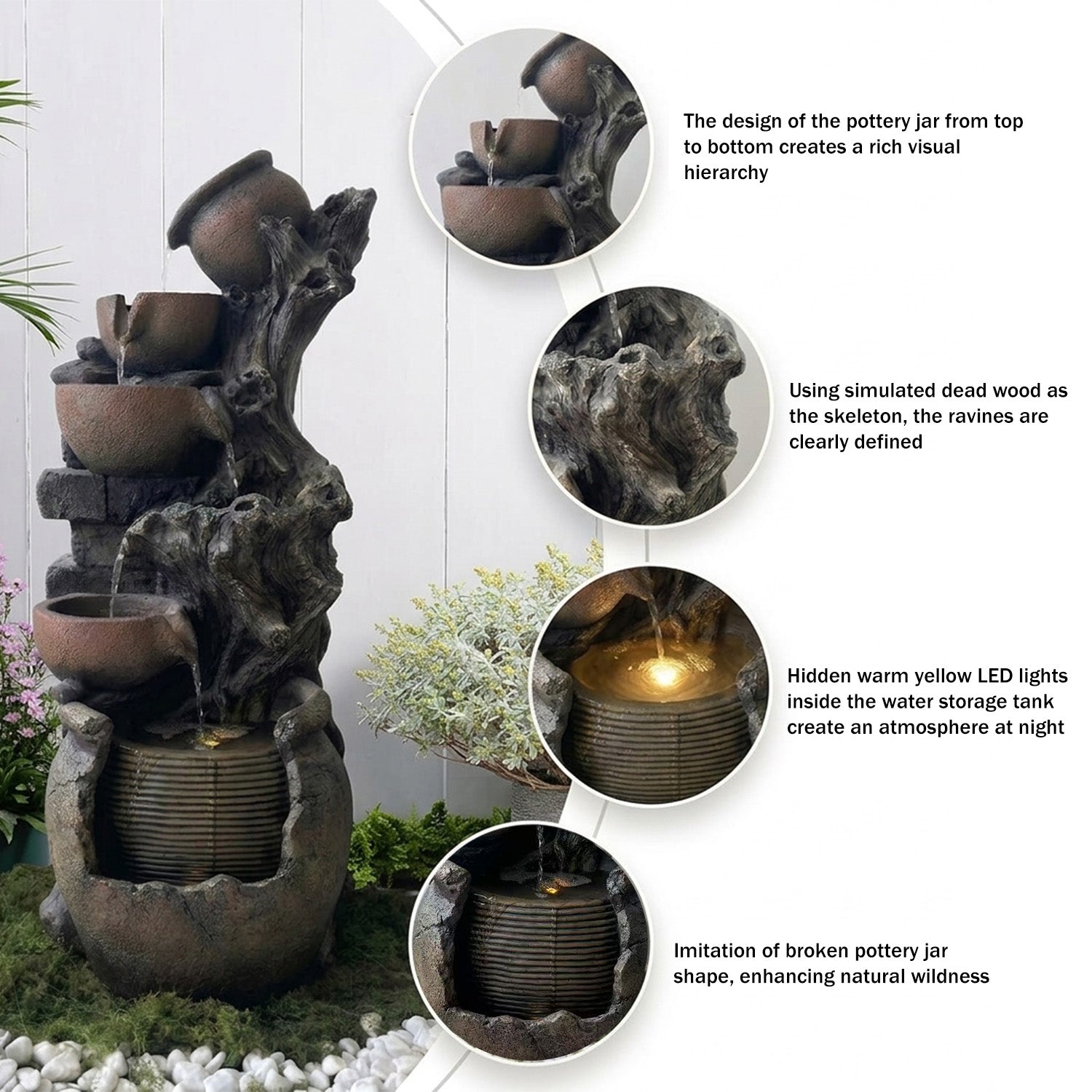6-Tier Cascading Water Fountain, Resin Tree Root & Pot Outdoor Fountain with LED Lights & Quiet Pump, Freestanding Water Feature for Garden, Patio, Backyard Decor
