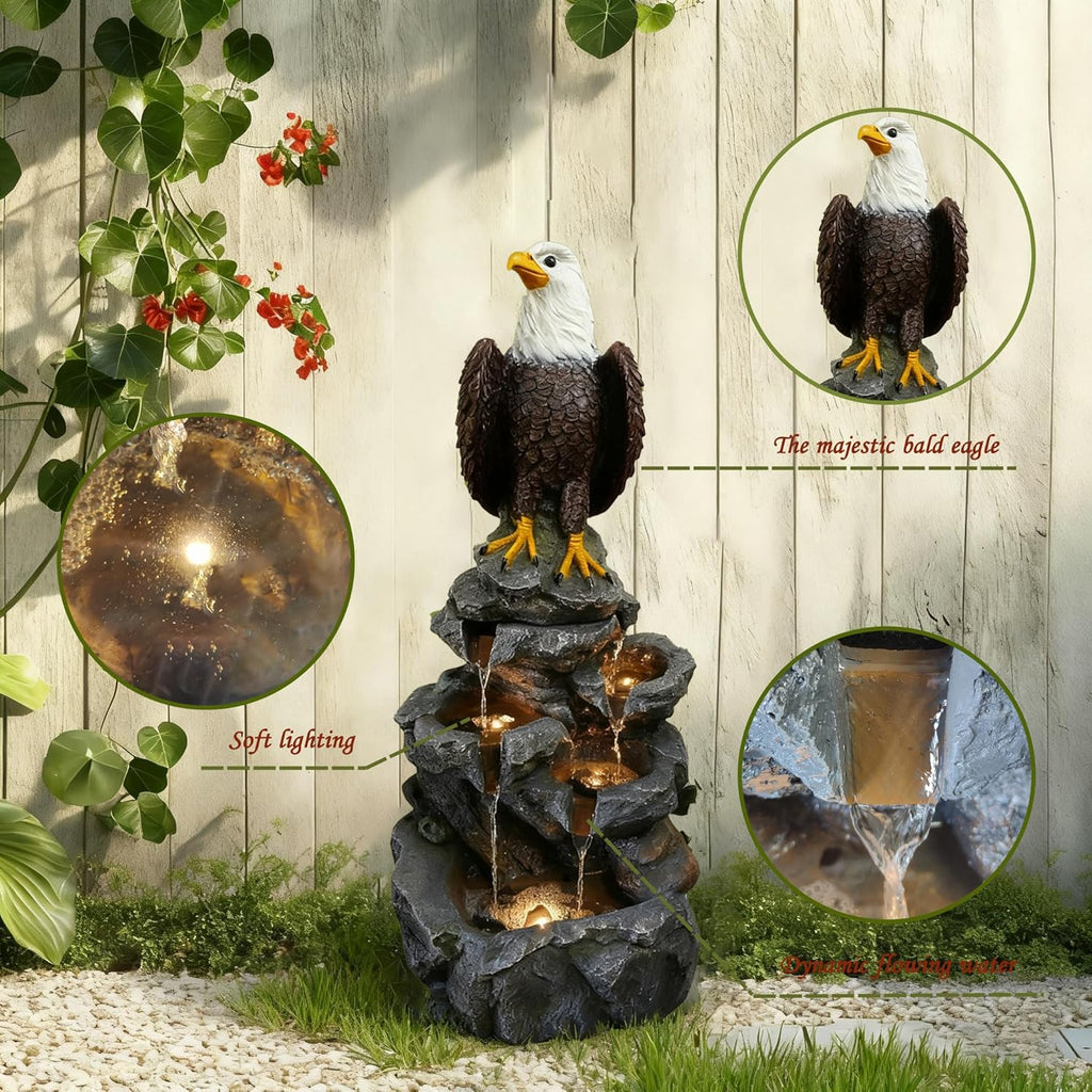 Eagle Outdoor Fountain with 5 Layers of LED Lights,39.7" H Premium Water Waterfall Suitable for Gardens,Courtyards, Balconies,and Interior Decoration